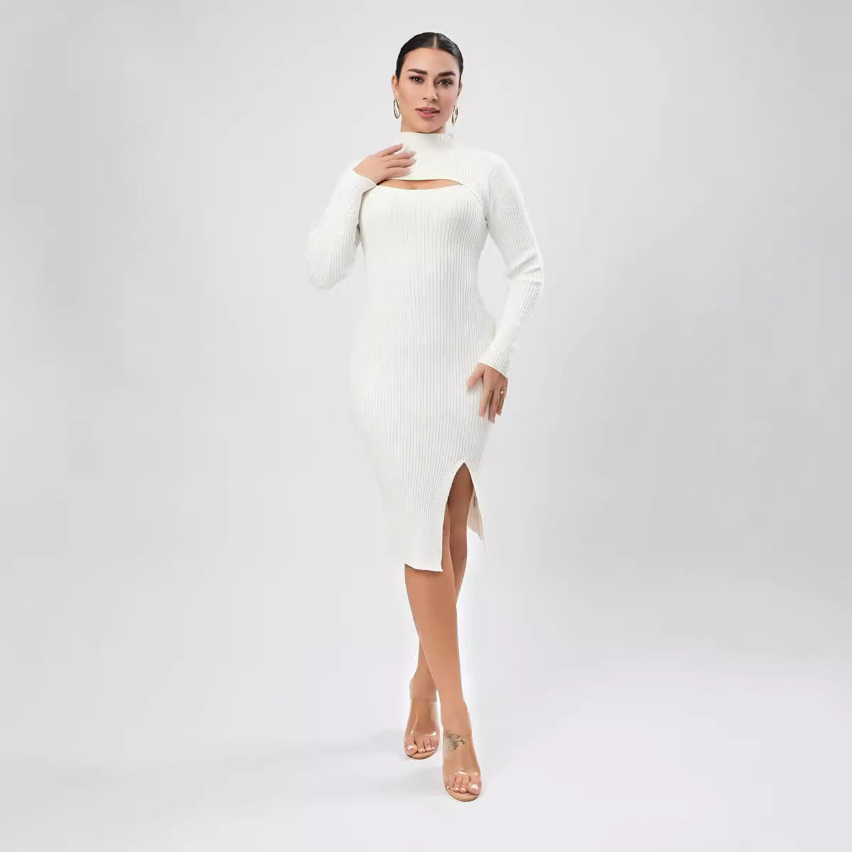 Half Turtleneck Chest Hollow Out Cutout Design Sweater Skinny Slimming Dress