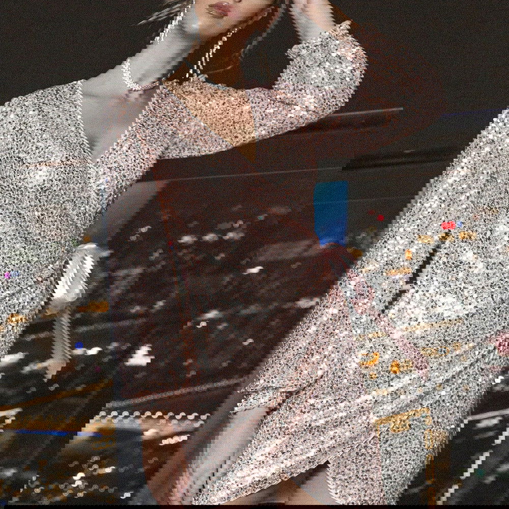 Gentle Dress Sequined V-neck Irregular Asymmetric Long Sleeve Short Dress