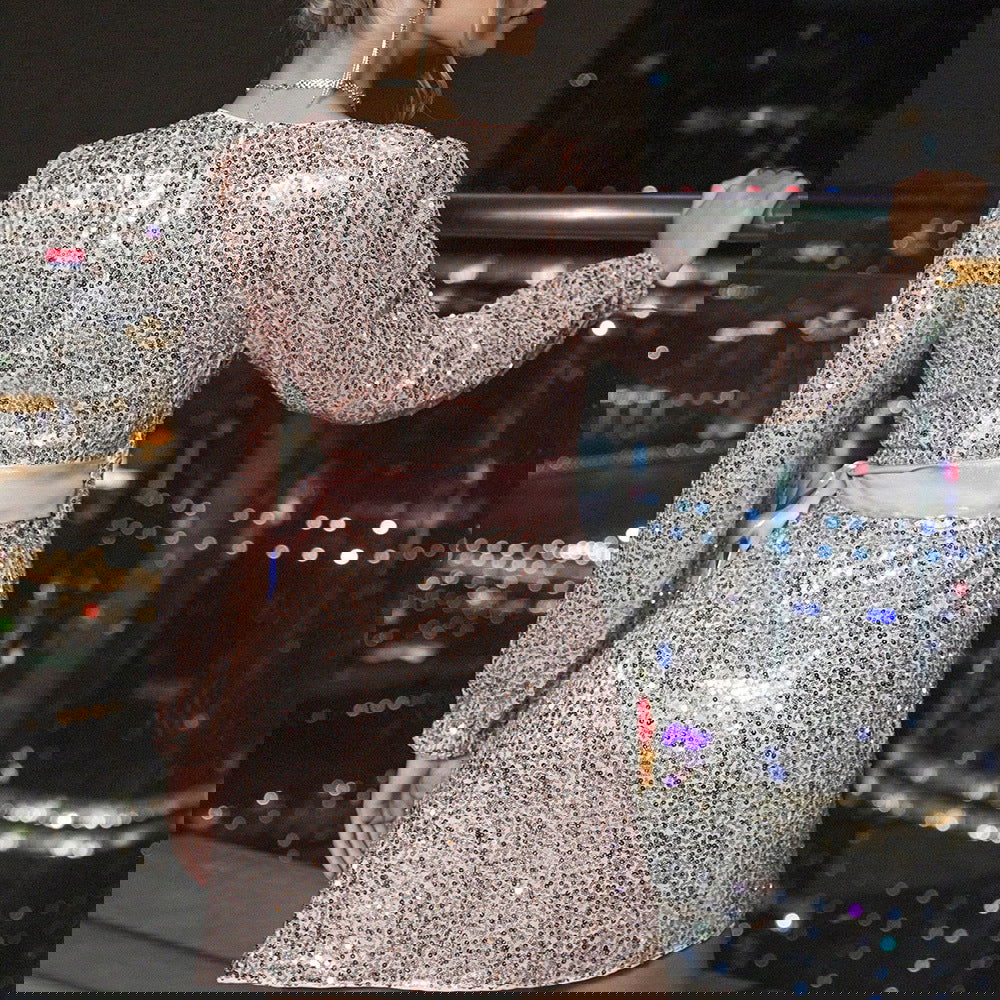 Gentle Dress Sequined V-neck Irregular Asymmetric Long Sleeve Short Dress