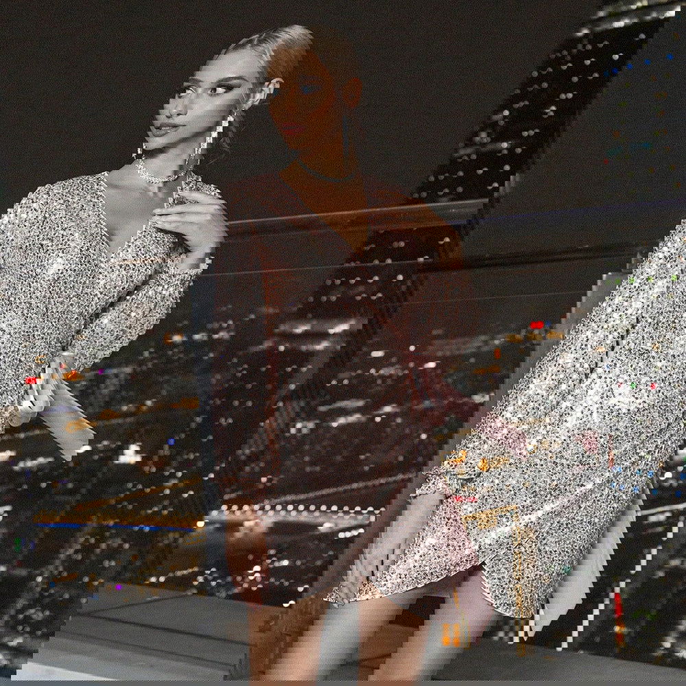 Gentle Dress Sequined V-neck Irregular Asymmetric Long Sleeve Short Dress