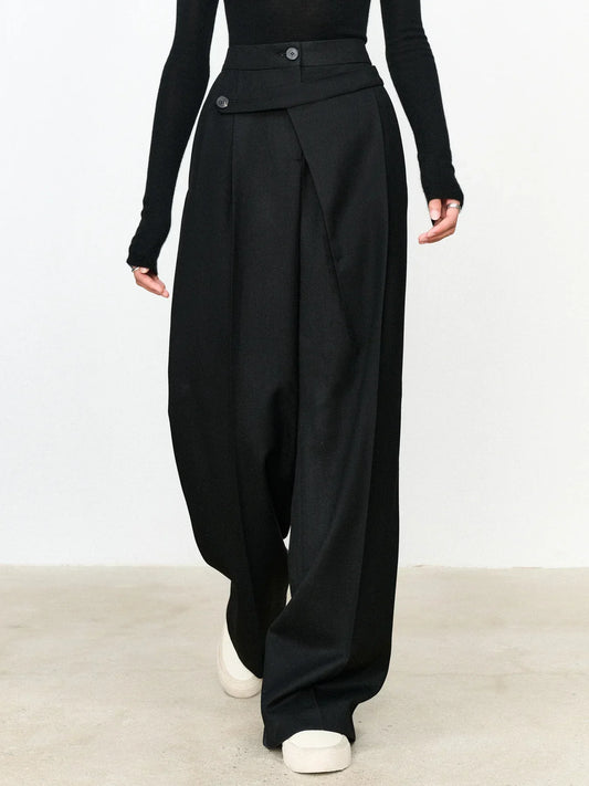 Asymmetric Layer Straight Leg Dress Trousers | Modern Button Detail