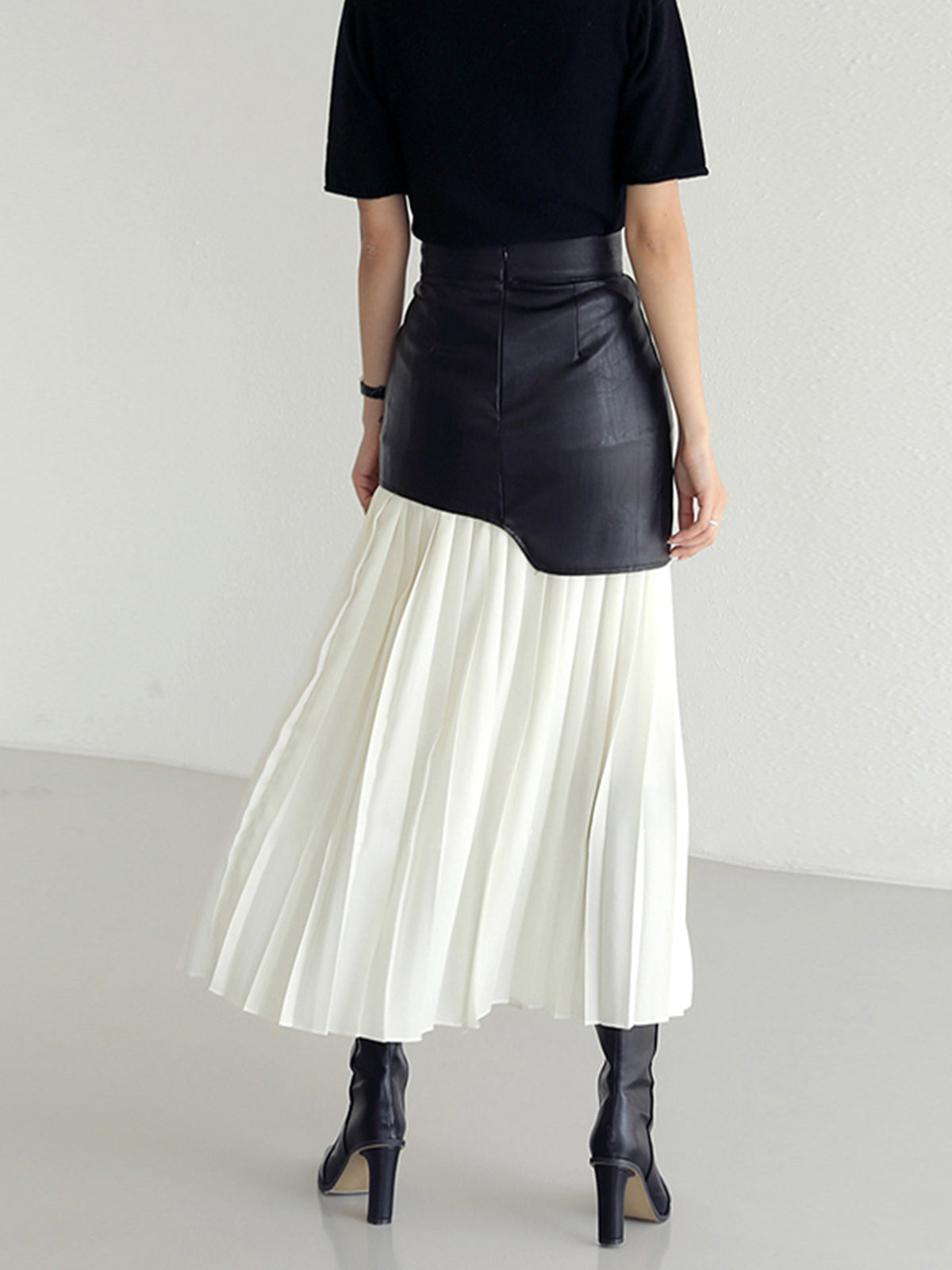 Asymmetric Patchwork Faux Leather Chiffon Pleated Maxi Skirt