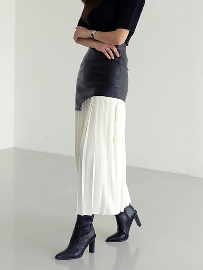 Asymmetric Patchwork Faux Leather Chiffon Pleated Maxi Skirt