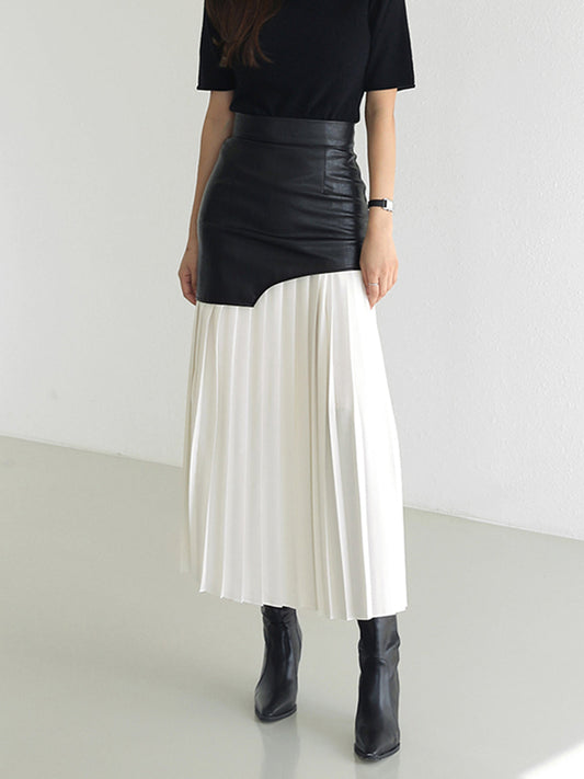 Asymmetric Patchwork Faux Leather Chiffon Pleated Maxi Skirt