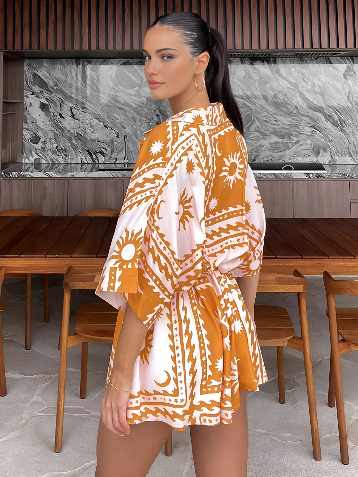 Sun Moon Print Satin Romper