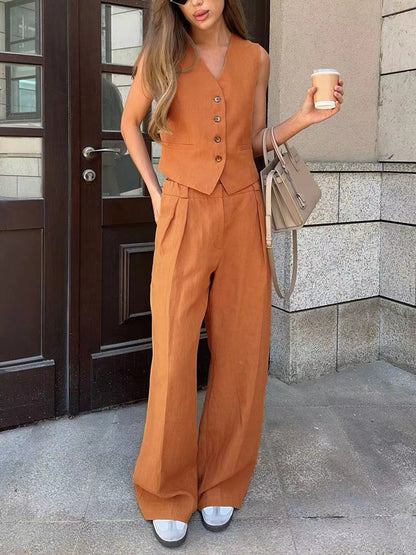Tailored  Linen Vest & Wide-Leg Pants Set