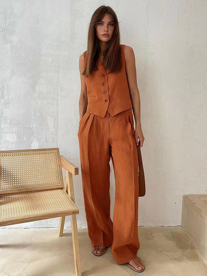 Tailored  Linen Vest & Wide-Leg Pants Set