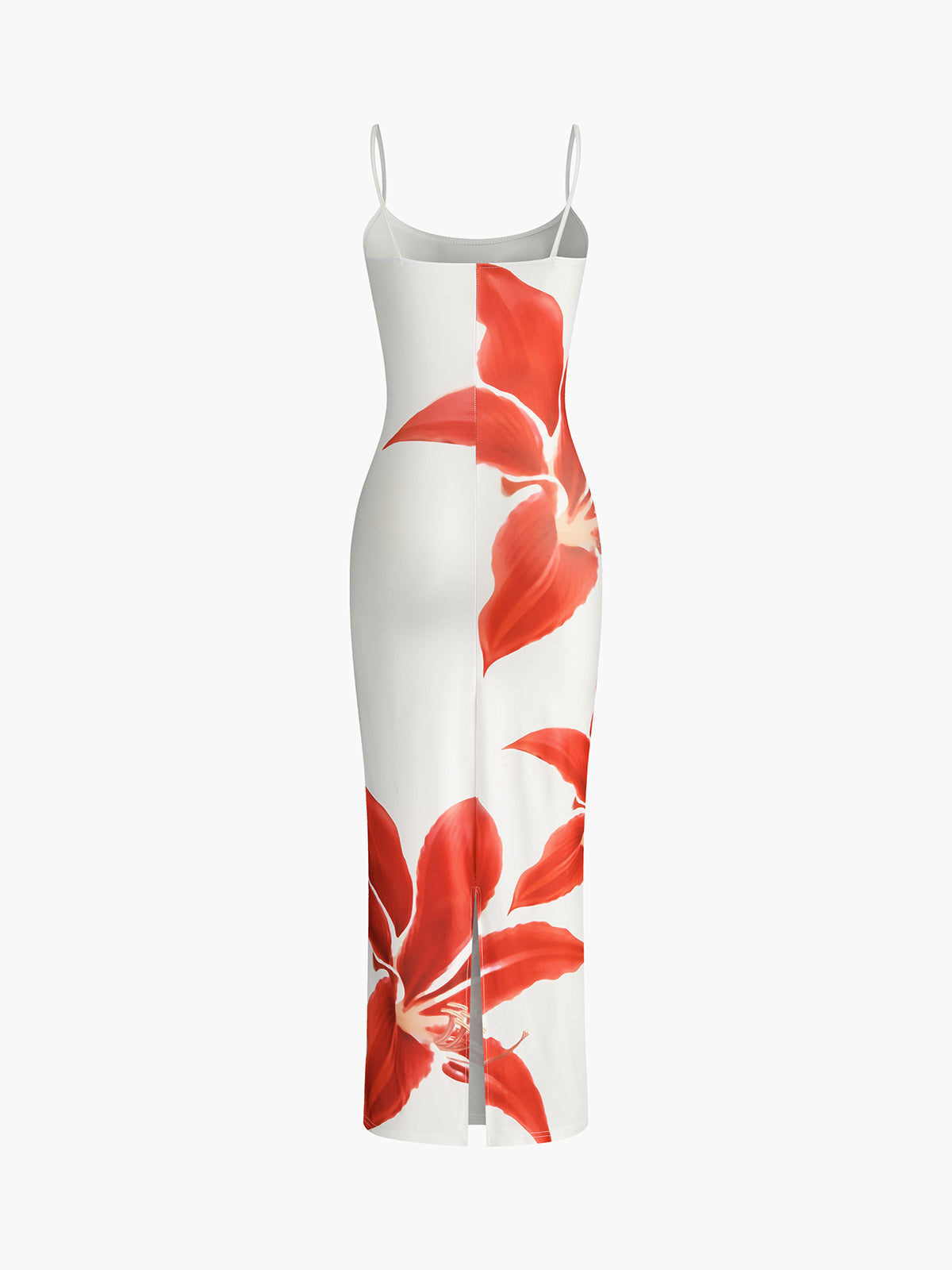 White Floral Bodycon Maxi Dress – Tropical Red Lily Print