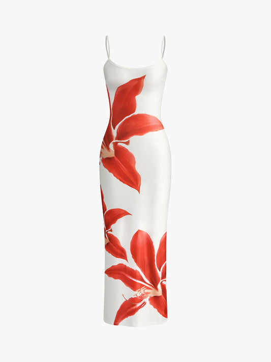 White Floral Bodycon Maxi Dress – Tropical Red Lily Print