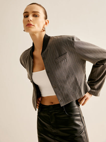Maison Cropped Pinstripe Jacket | Stand Collar | Contemporary Fit