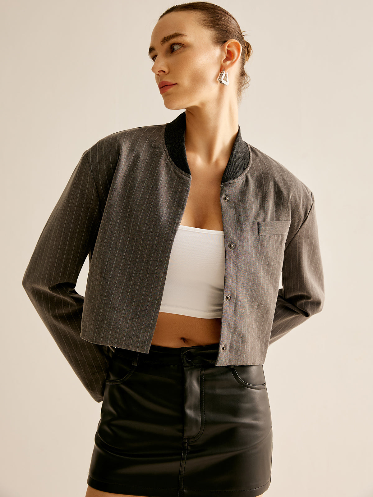 Maison Cropped Pinstripe Jacket | Stand Collar | Contemporary Fit