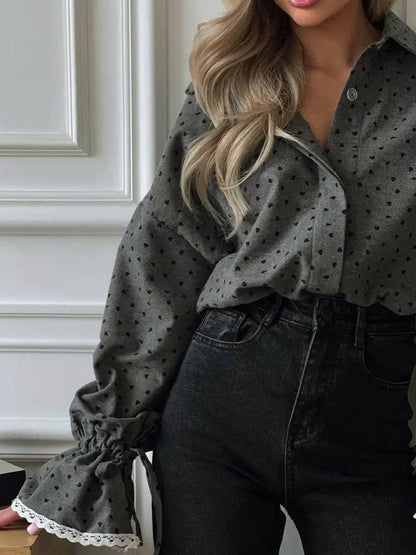 Women Heart Print Button Down Shirt