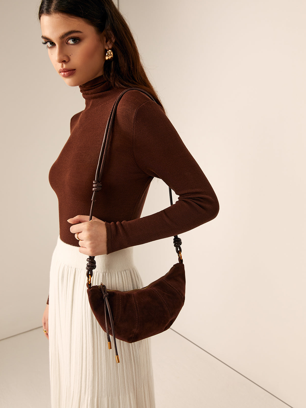 Mocha Suede Knot Shoulder Bag