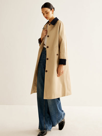 Single Breasted Trench Coat | Contrast Collar | Mid-Length