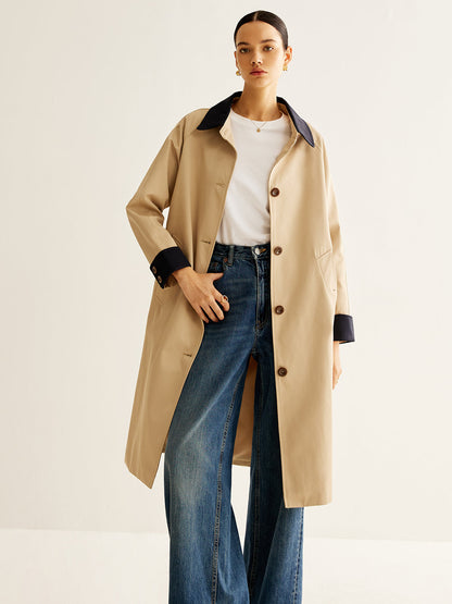 Single Breasted Trench Coat | Contrast Collar | Mid-Length