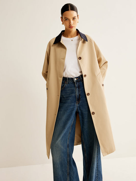 Single Breasted Trench Coat | Contrast Collar | Mid-Length