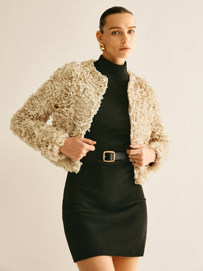 Textured Short Jacket | 3D Floral Design | Elegant Statement Piece