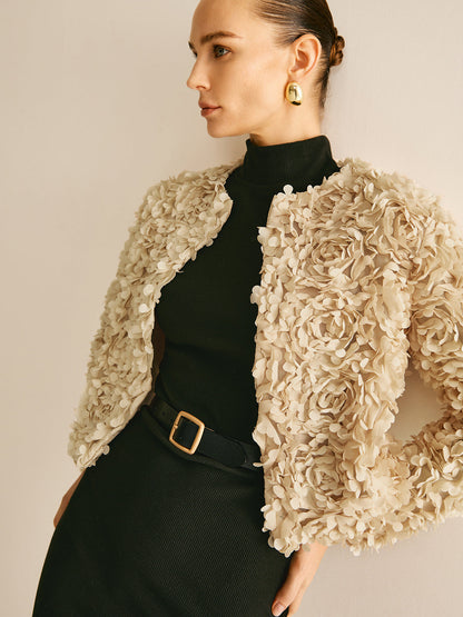 Textured Short Jacket | 3D Floral Design | Elegant Statement Piece