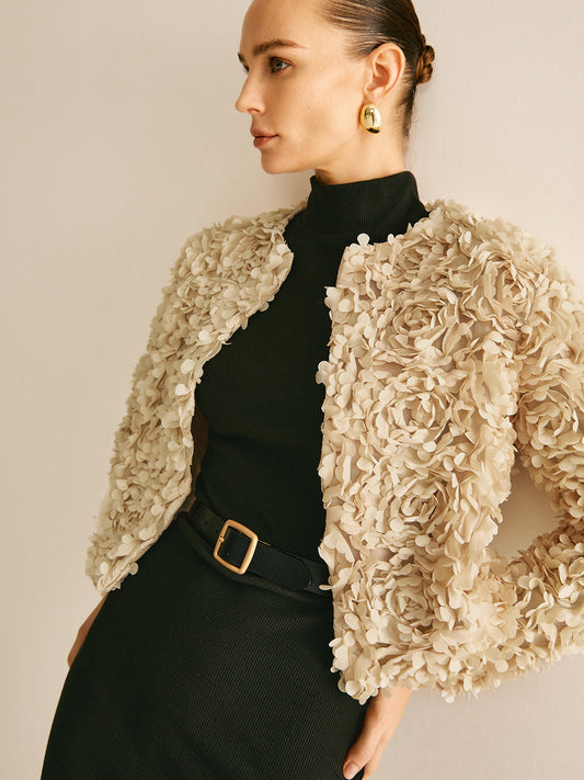 Textured Short Jacket | 3D Floral Design | Elegant Statement Piece
