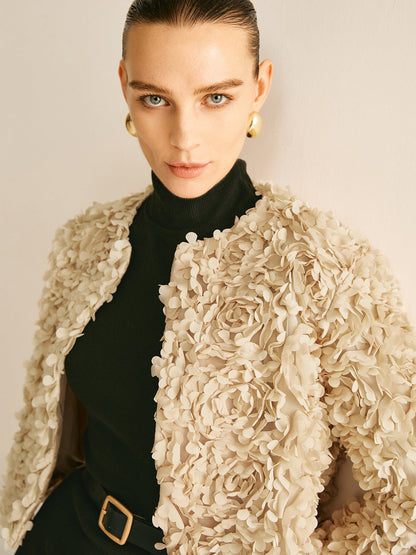 Textured Short Jacket | 3D Floral Design | Elegant Statement Piece