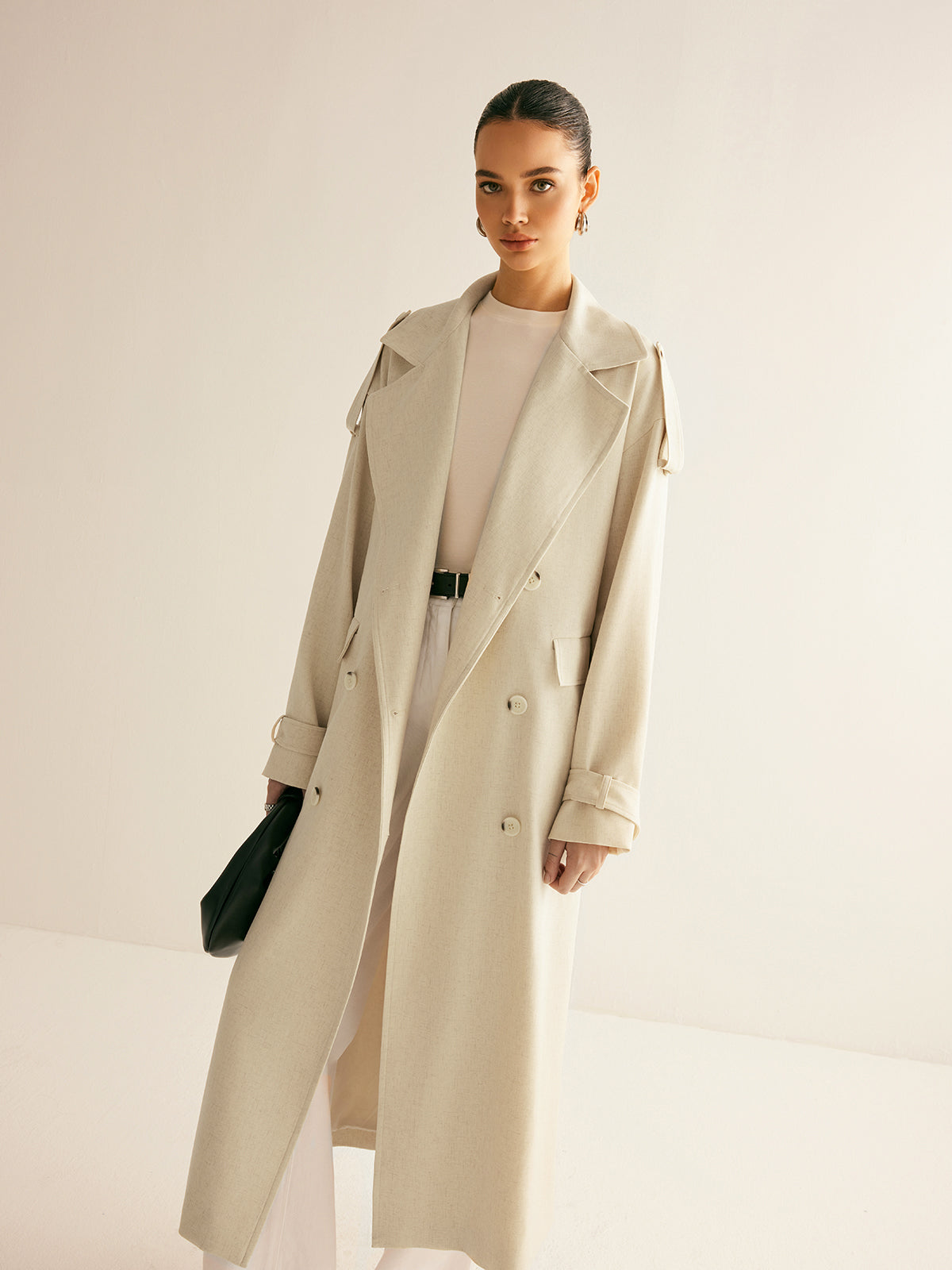 Wool Blend Long Coat | Double Breasted | Belted Silhouette