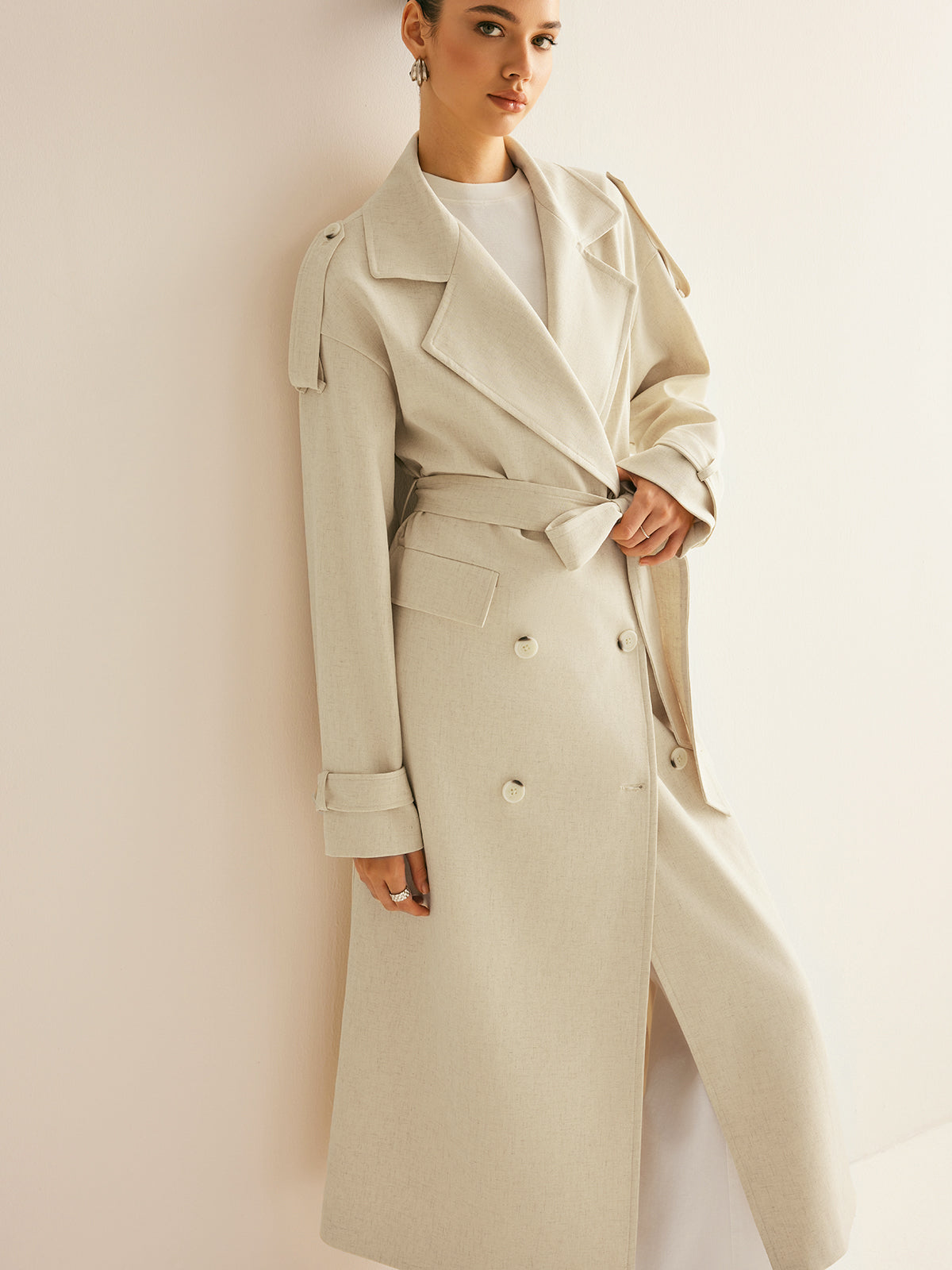 Wool Blend Long Coat | Double Breasted | Belted Silhouette
