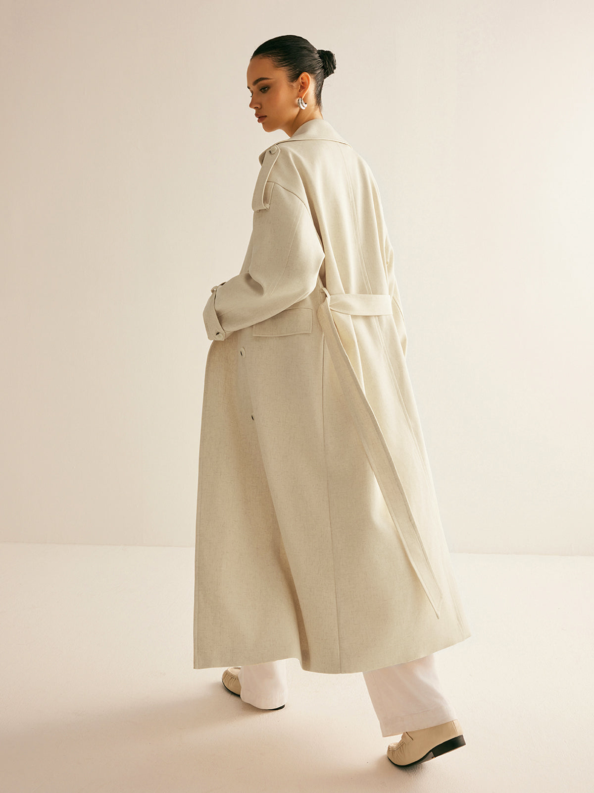 Wool Blend Long Coat | Double Breasted | Belted Silhouette