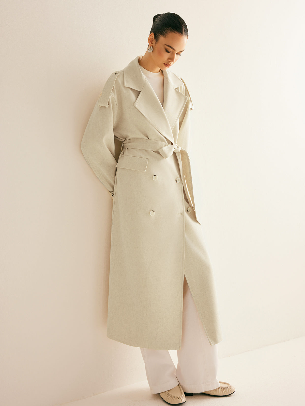 Wool Blend Long Coat | Double Breasted | Belted Silhouette