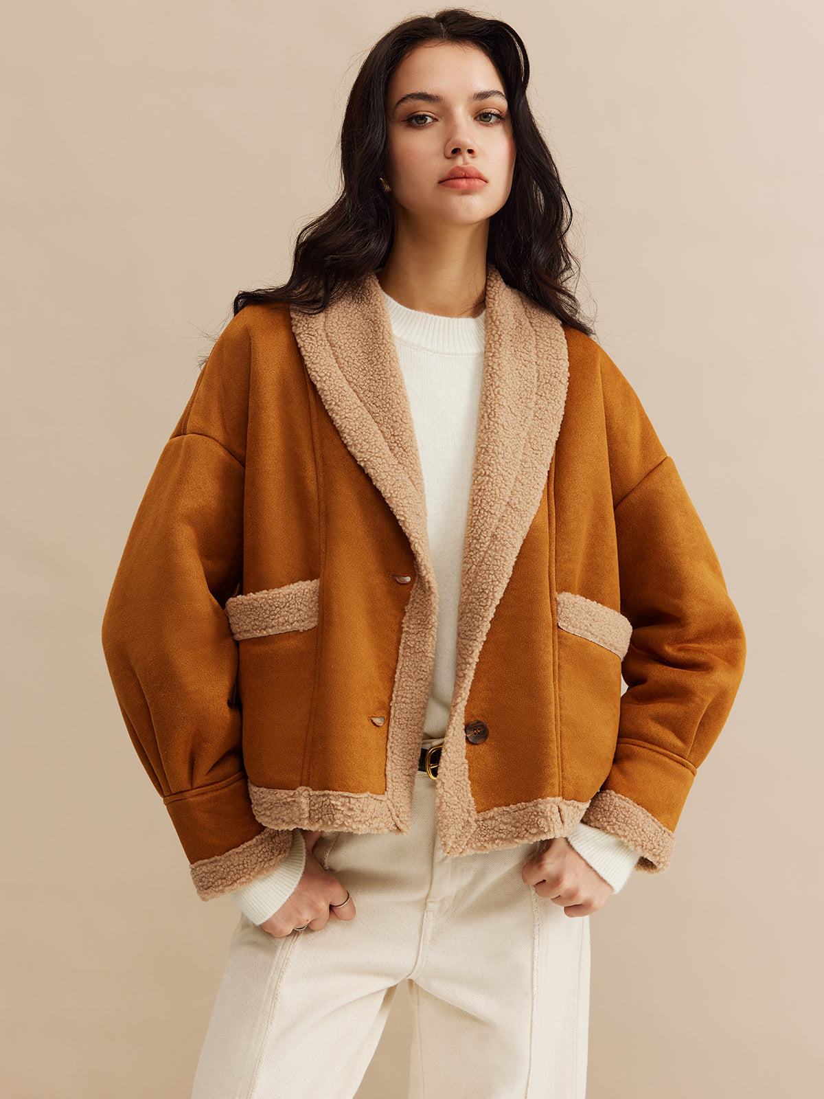 Maison Camel Contrast Jacket | Fold Collar | Soft Textured Finish