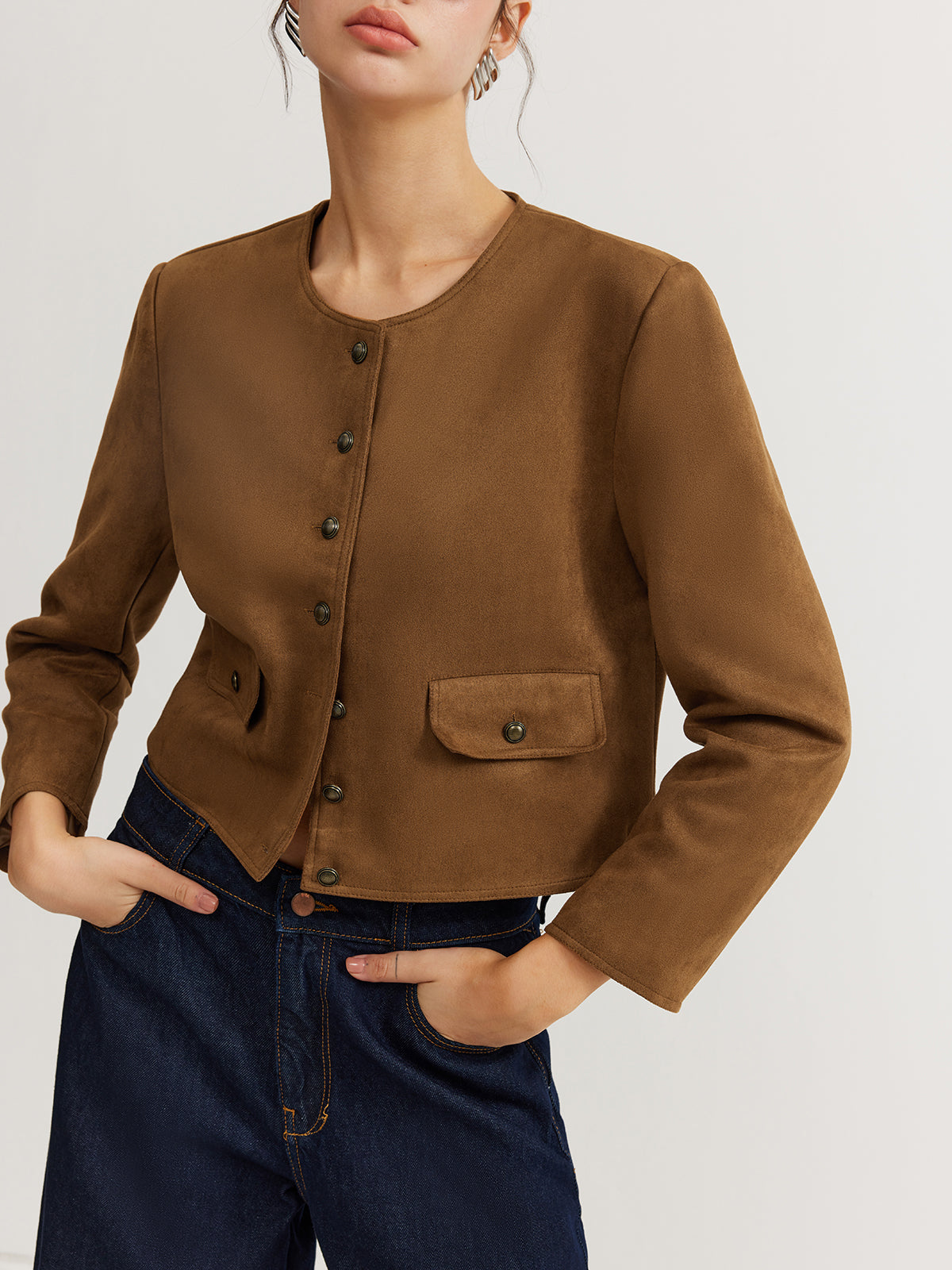 Maison Cropped Button Jacket | Minimalist Silhouette | Round Neck