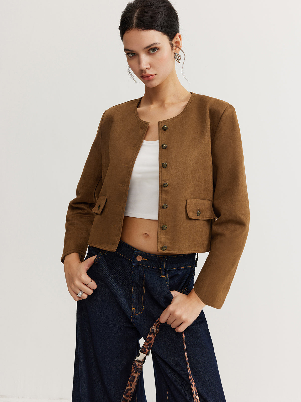Maison Cropped Button Jacket | Minimalist Silhouette | Round Neck