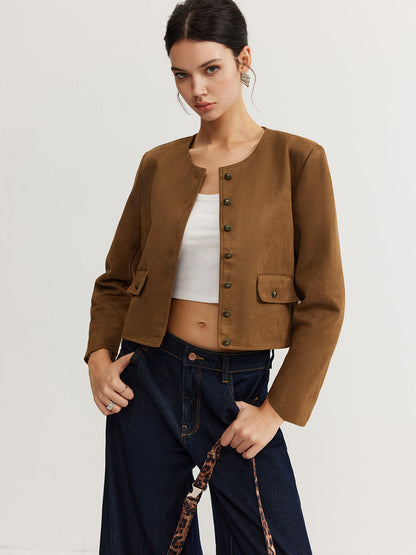 Maison Cropped Button Jacket | Minimalist Silhouette | Round Neck