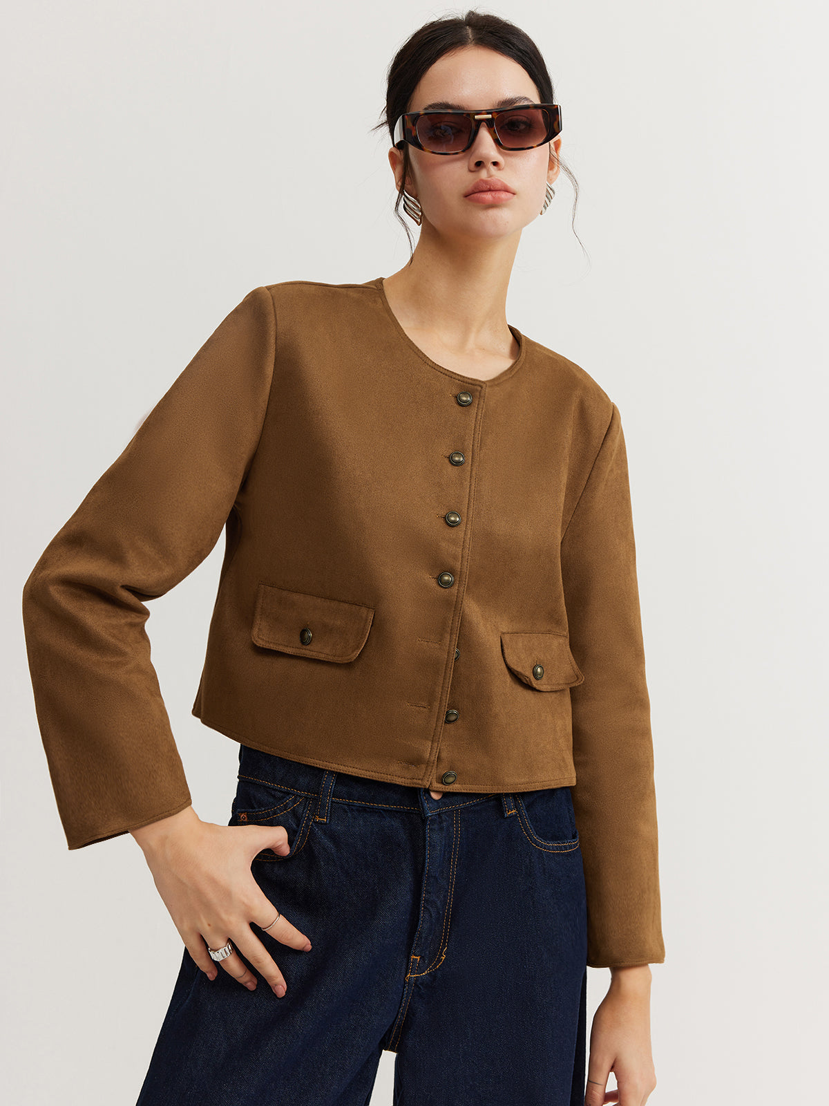 Maison Cropped Button Jacket | Minimalist Silhouette | Round Neck