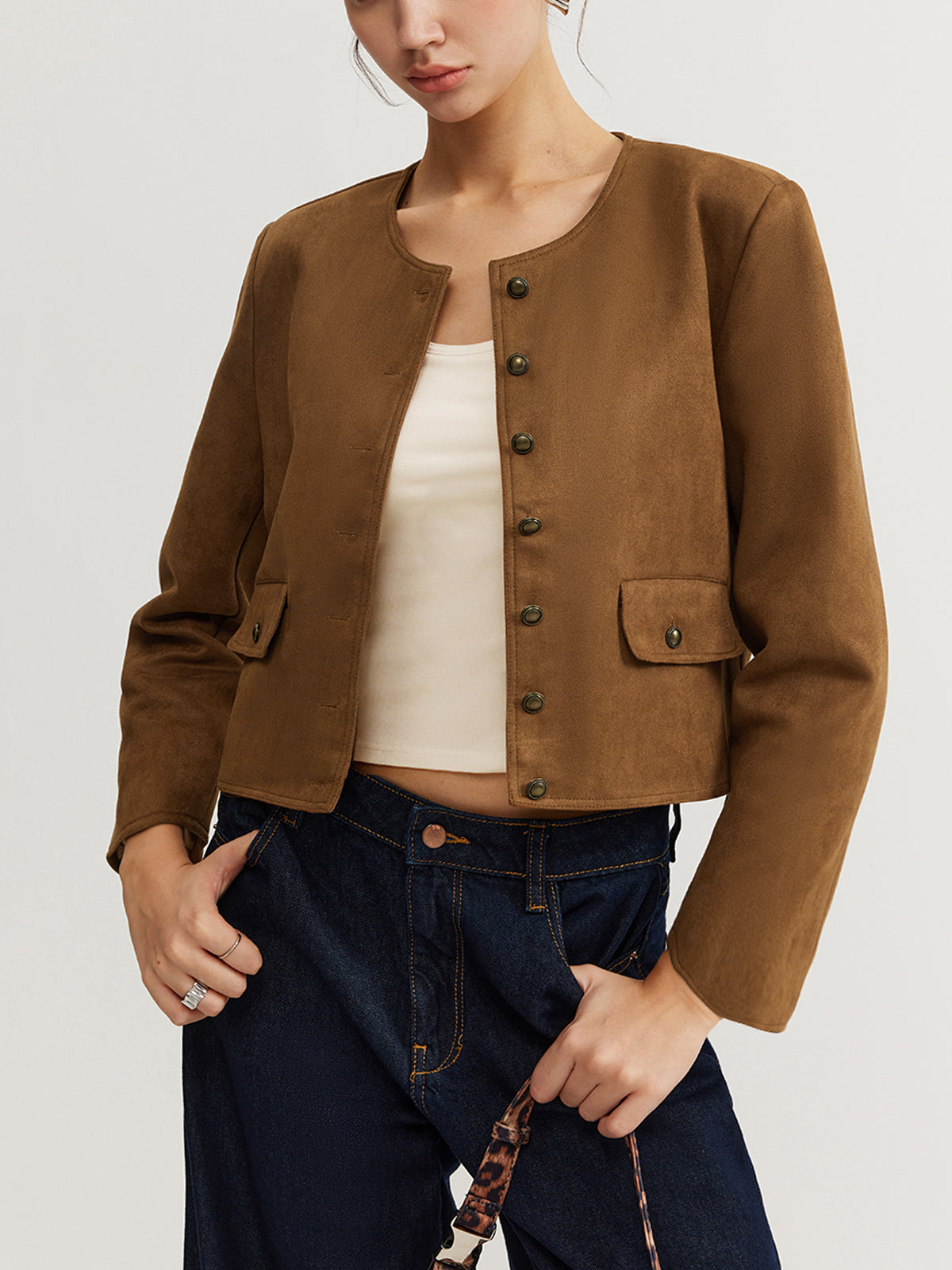 Maison Cropped Button Jacket | Minimalist Silhouette | Round Neck