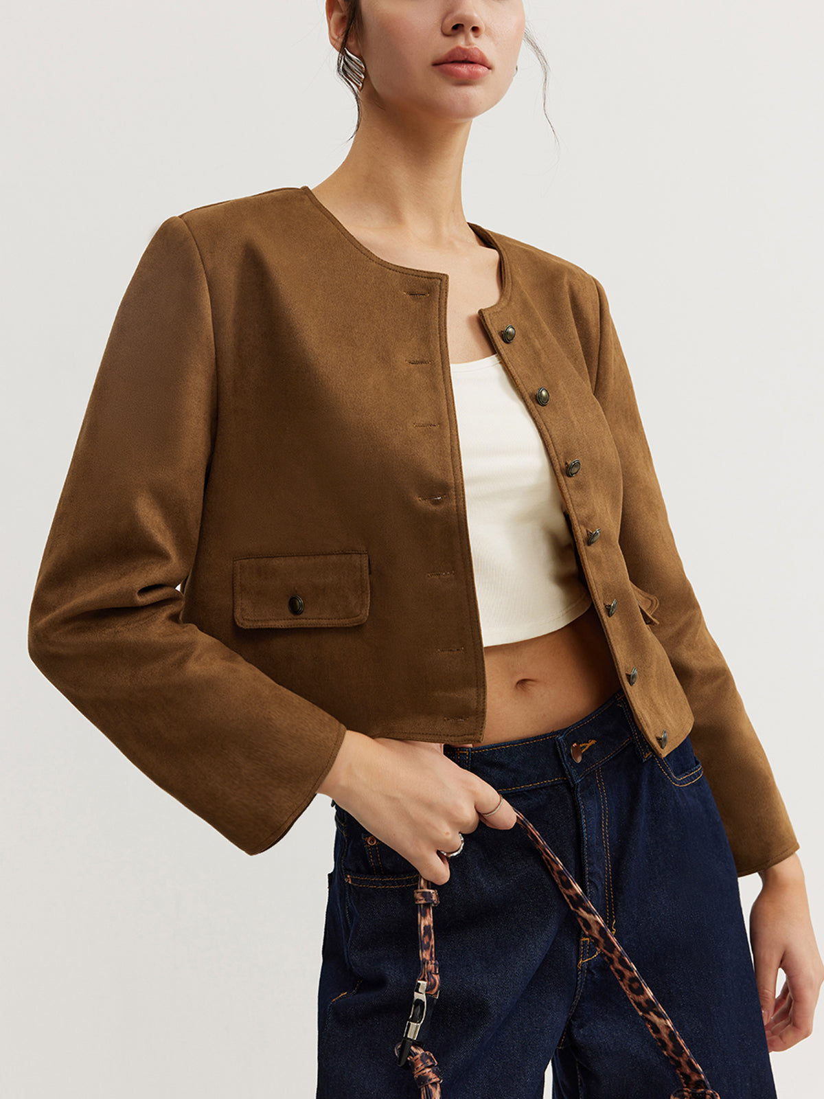 Maison Cropped Button Jacket | Minimalist Silhouette | Round Neck