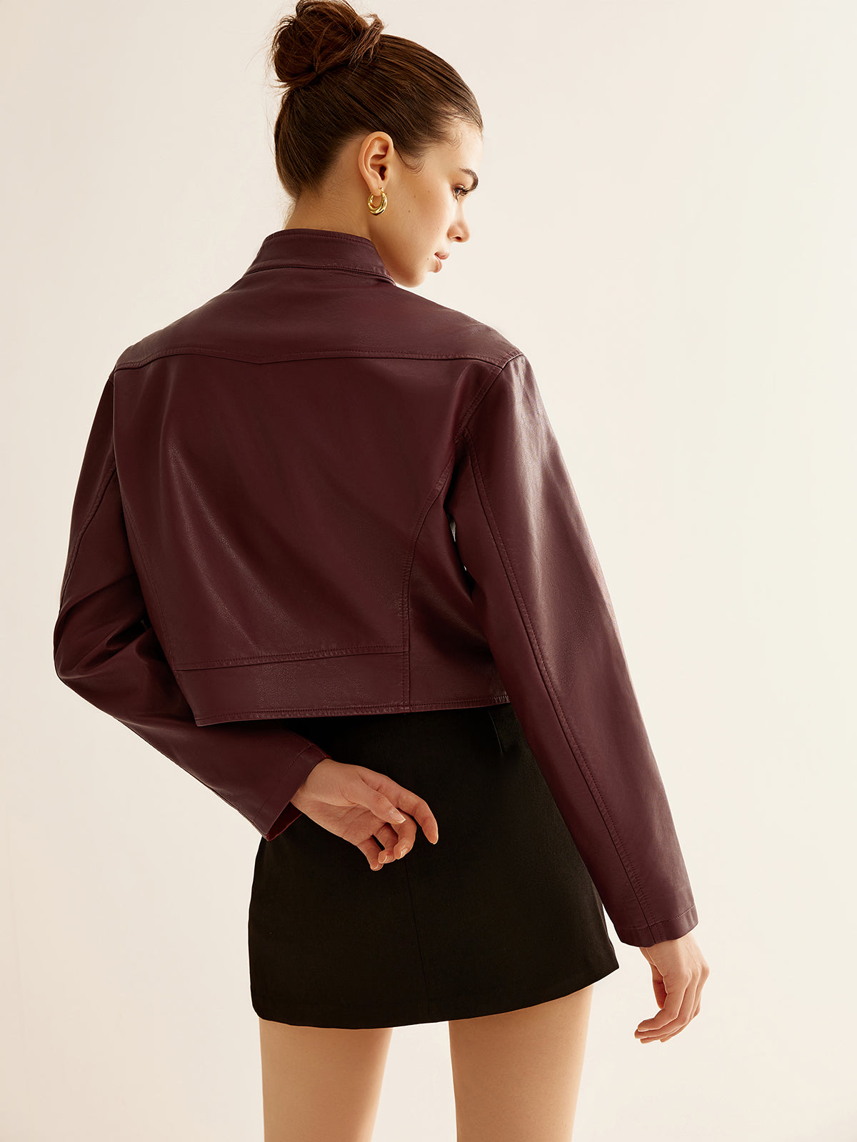 Cropped Faux Leather Jacket | Stand Collar | Minimalist Design
