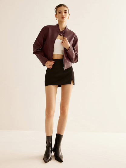 Cropped Faux Leather Jacket | Stand Collar | Minimalist Design