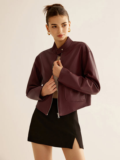 Cropped Faux Leather Jacket | Stand Collar | Minimalist Design