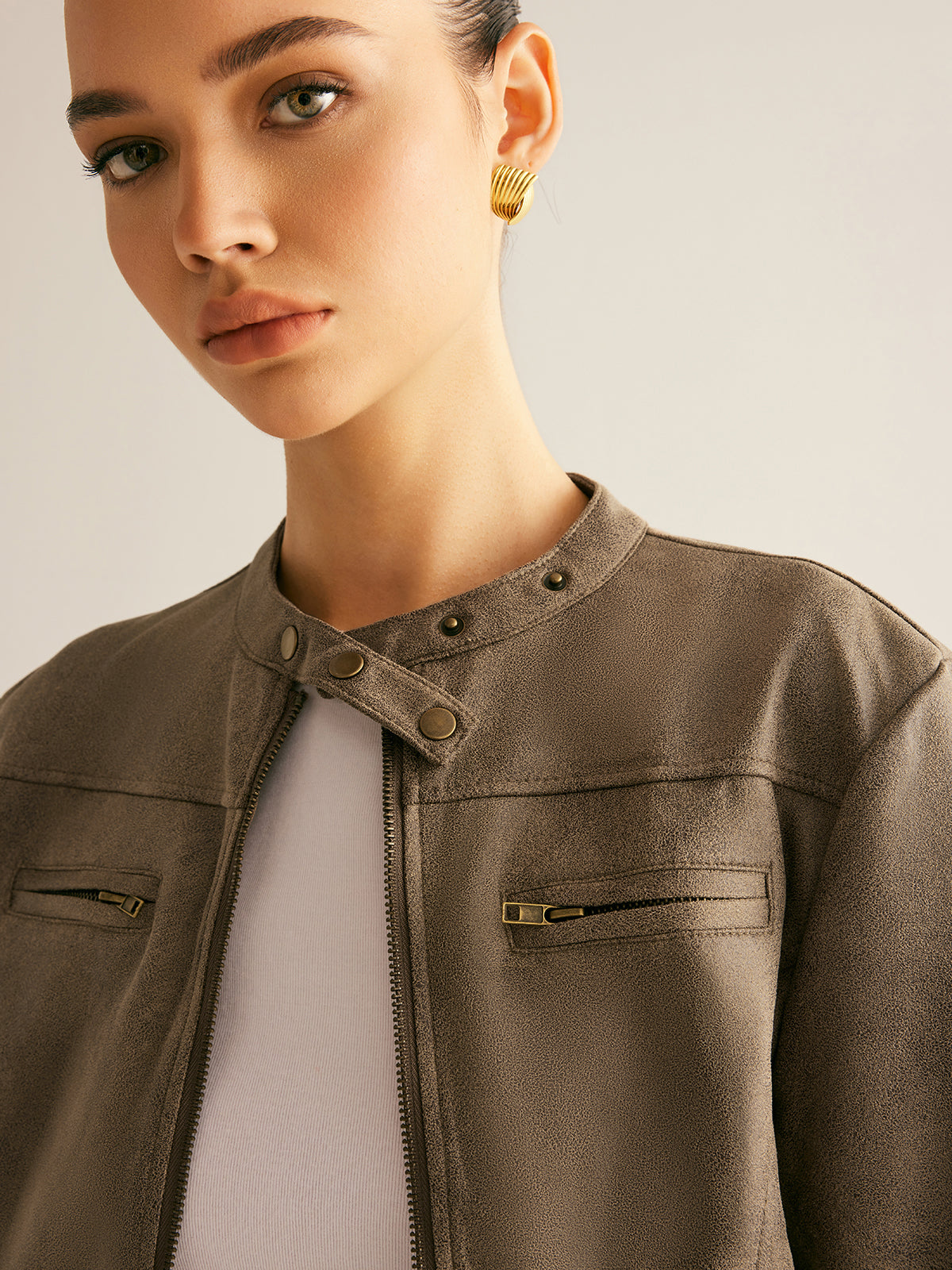 Cropped Suede-Effect Jacket | Minimalist Moto Style