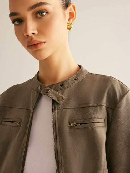 Cropped Suede-Effect Jacket | Minimalist Moto Style