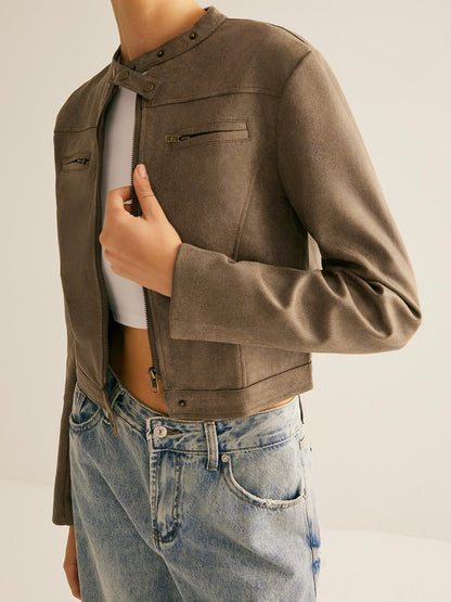 Cropped Suede-Effect Jacket | Minimalist Moto Style