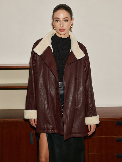 Atelier Faux Leather Aviator Coat | Shearling Lining | Belted Waist