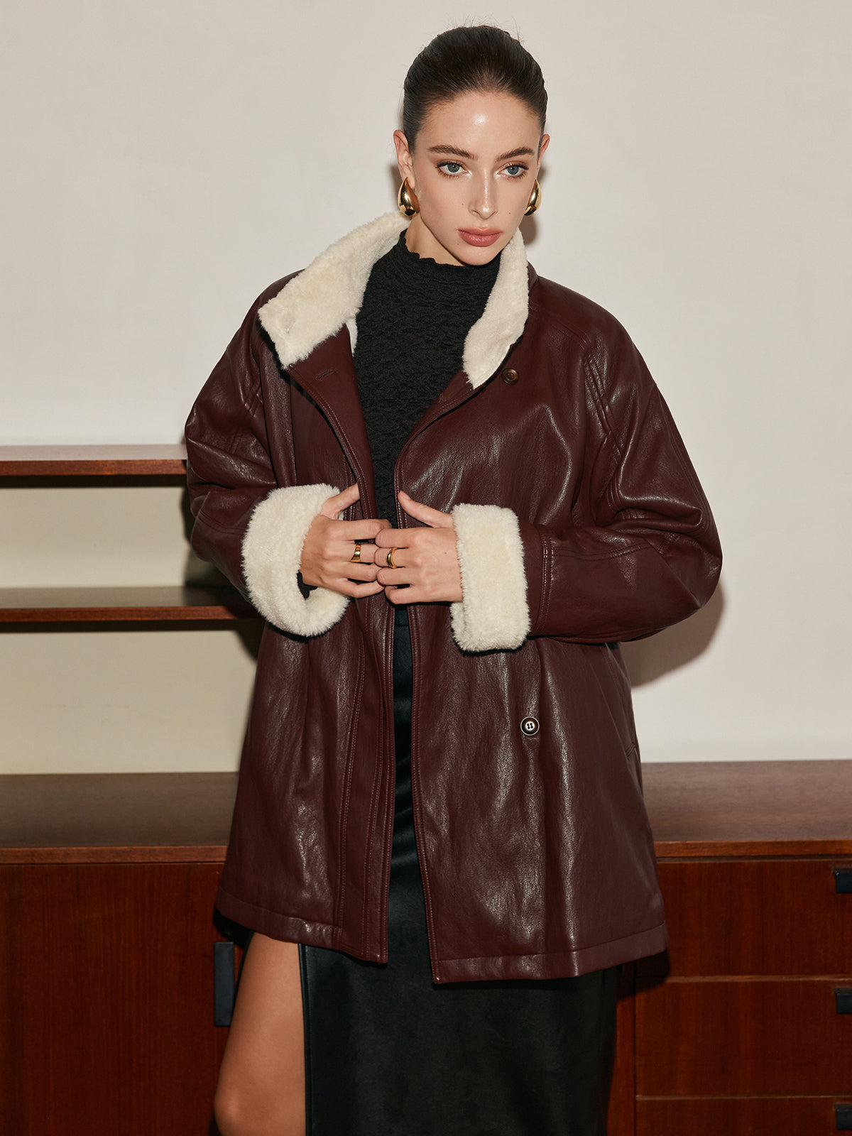 Atelier Faux Leather Aviator Coat | Shearling Lining | Belted Waist