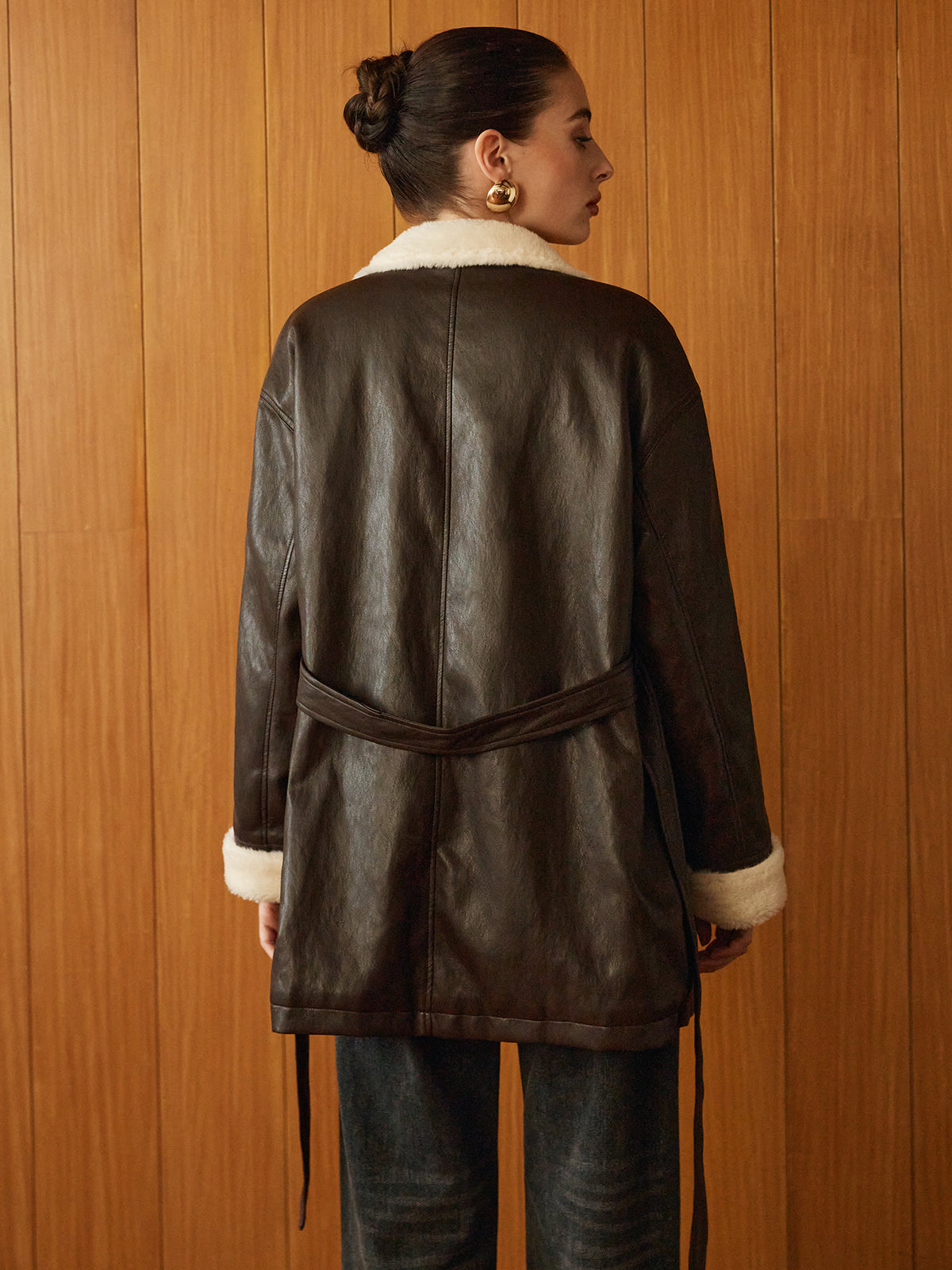 Atelier Faux Leather Aviator Coat | Shearling Lining | Belted Waist