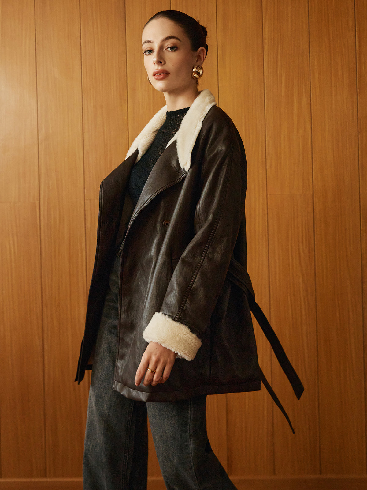 Atelier Faux Leather Aviator Coat | Shearling Lining | Belted Waist