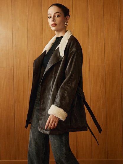 Atelier Faux Leather Aviator Coat | Shearling Lining | Belted Waist