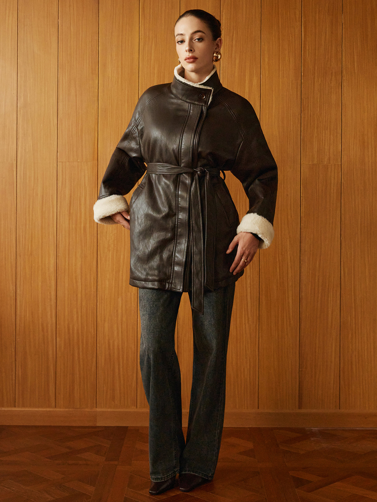 Atelier Faux Leather Aviator Coat | Shearling Lining | Belted Waist