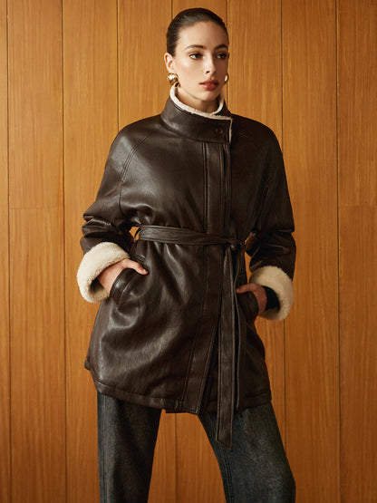 Atelier Faux Leather Aviator Coat | Shearling Lining | Belted Waist