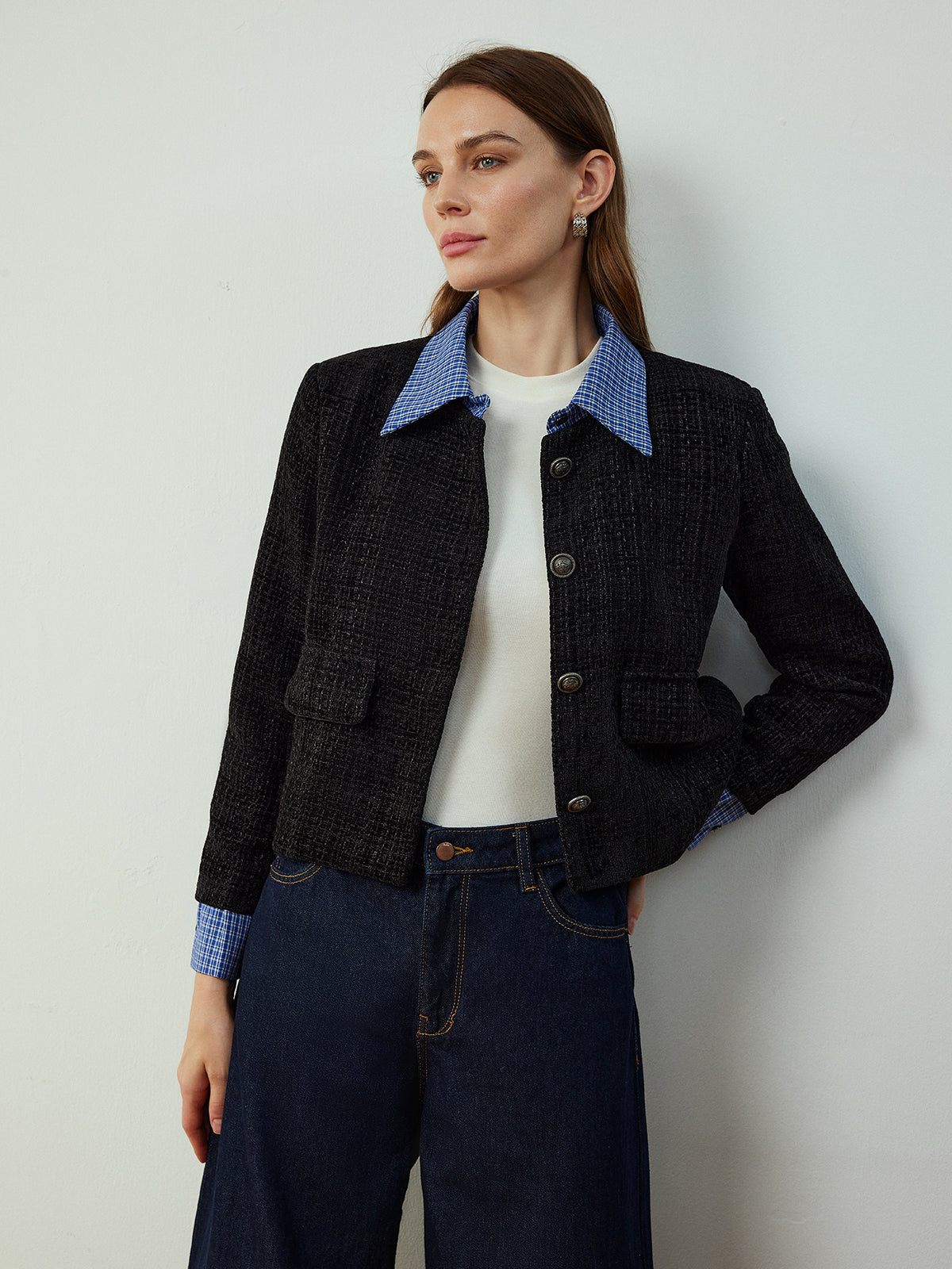 Short Tweed Jacket | Contrast Collar | Classic Silhouette
