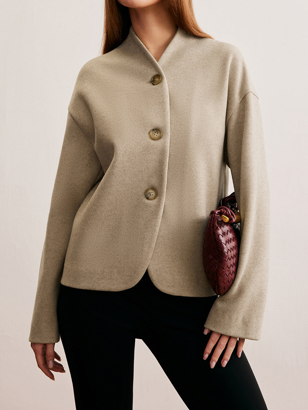 Short Wool Blend Jacket | V-Neck | Minimalist Silhouette